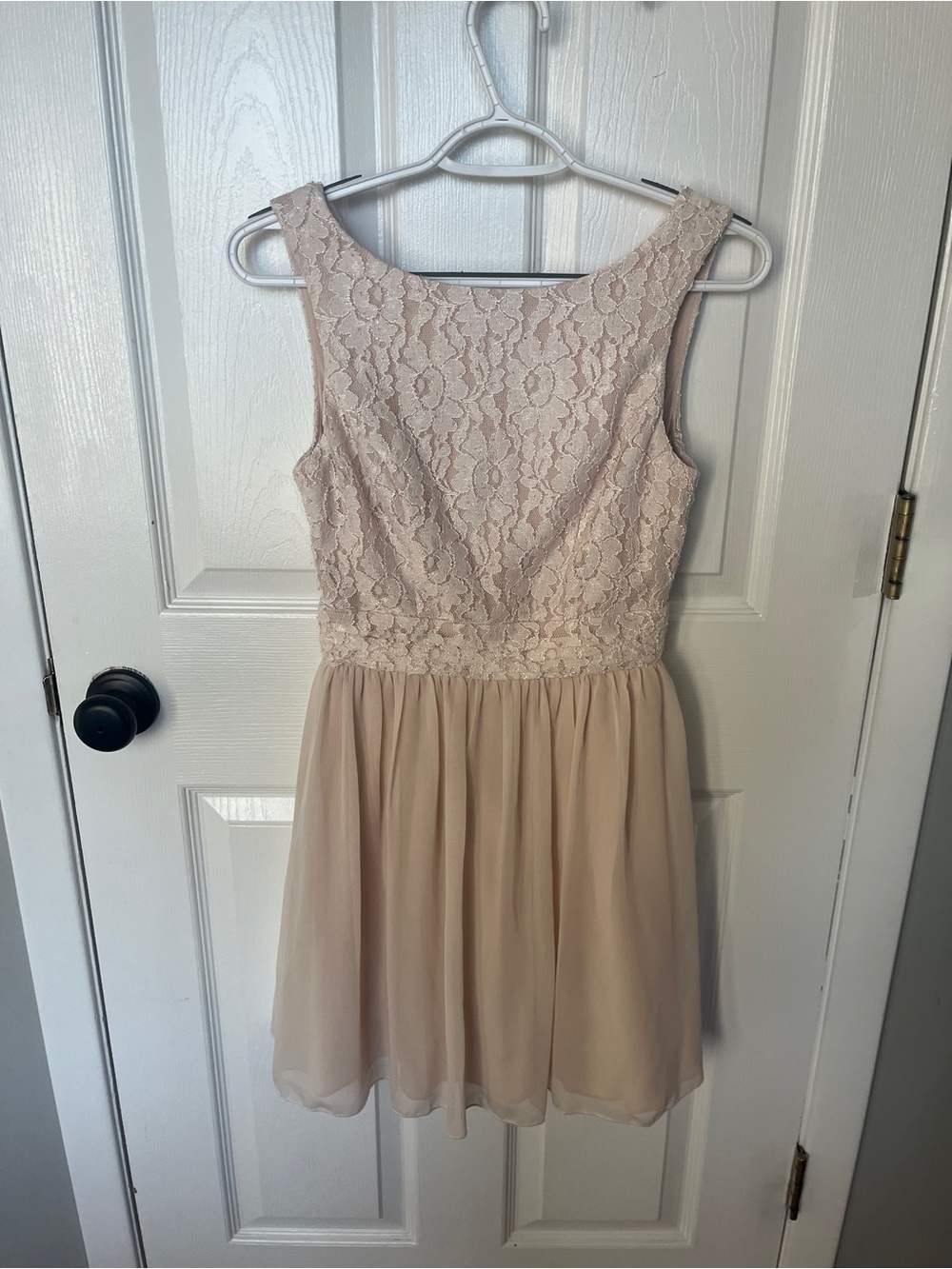 Source Unknown Sleeveless Lace Bodice Chiffon Skater Dress in Blush Nude